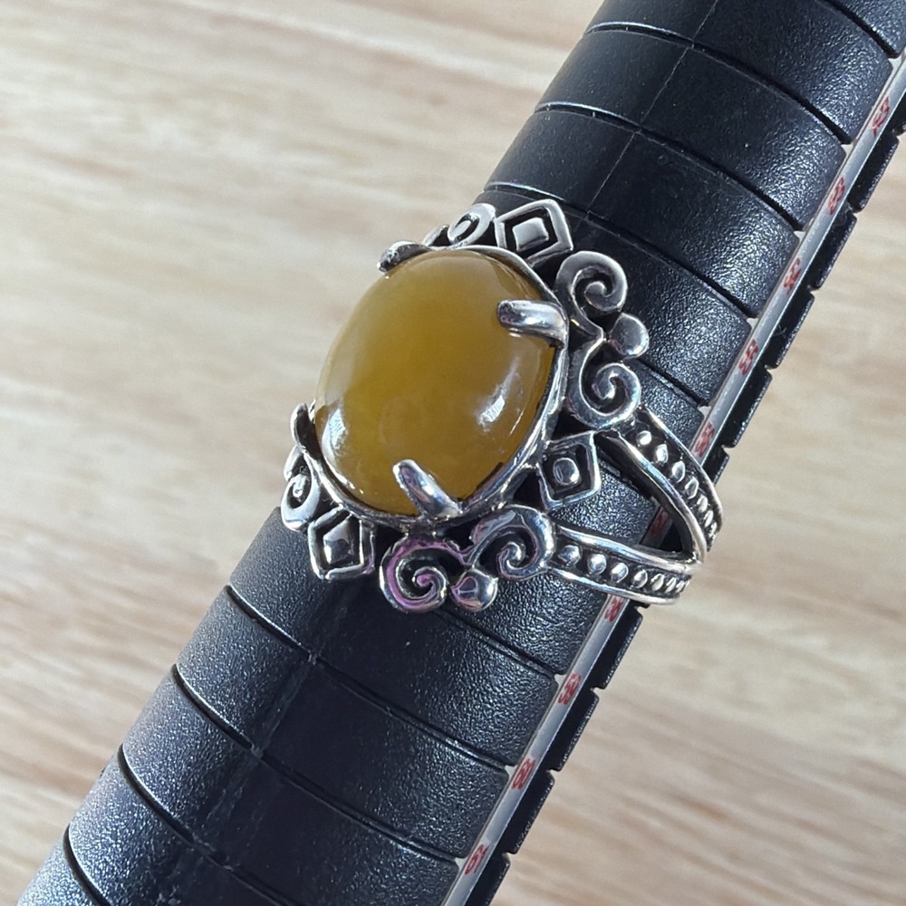 Sterling Silver 925 Honey Amber/Agate Solitaire Art Nouveau Style Ring - Size 8